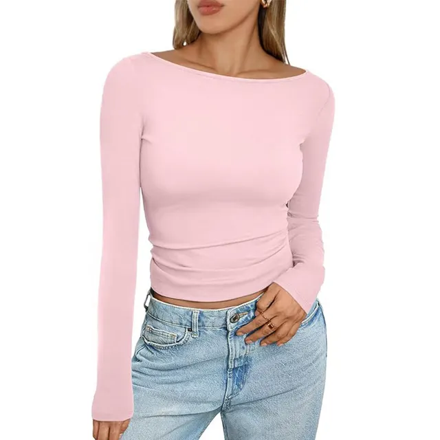 Slim Long sleeved T shirt Fashion Solid Round Neck Top Women's Clothing Pink - Shop at LoveMi