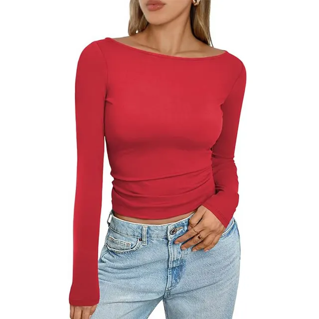 Slim Long sleeved T shirt Fashion Solid Round Neck Top Women's Clothing Red - Shop at LoveMi