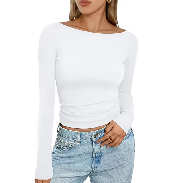 Slim Long sleeved T shirt Fashion Solid Round Neck Top Women's Clothing White - Shop at LoveMi