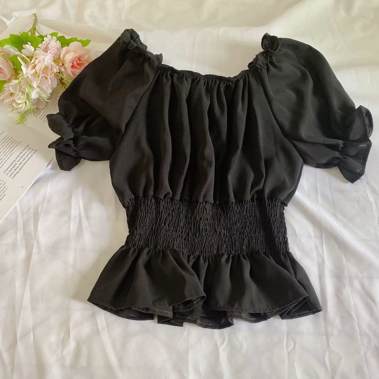 Women's Chiffon Shirt Off-shoulder Shoulder-baring Spring And Autumn Korean Style Waist-controlled Top - Black