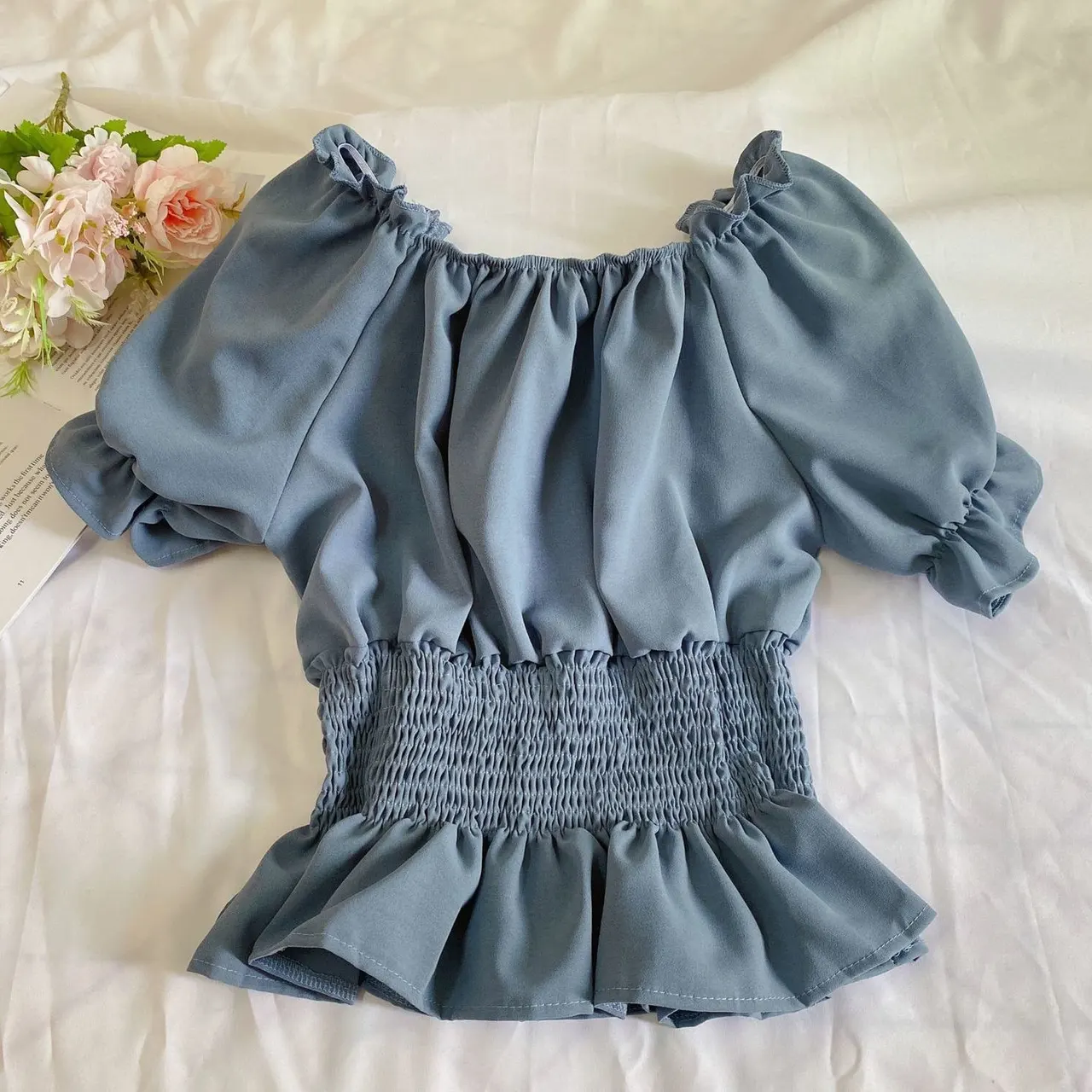 Women's Chiffon Shirt Off-shoulder Shoulder-baring Spring And Autumn Korean Style Waist-controlled Top - Blue