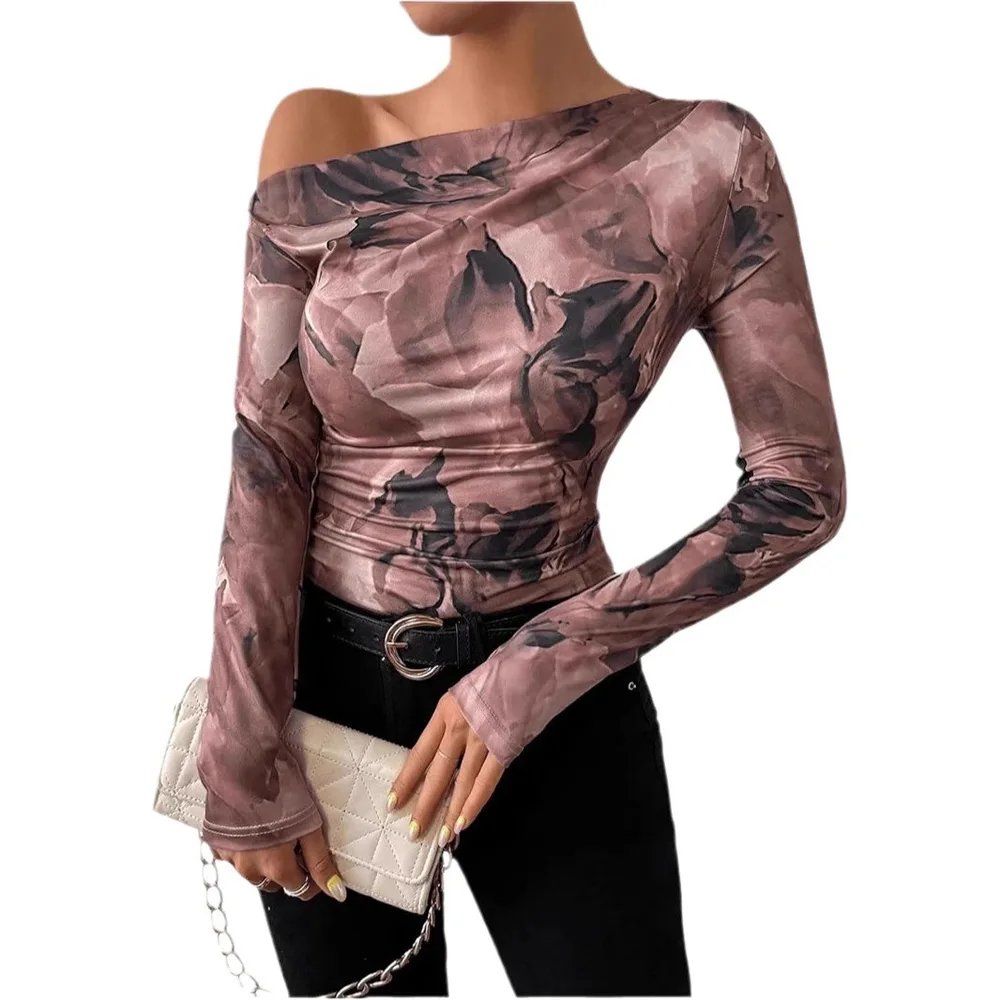 New Fashion Tie-dye Printed Asymmetric Ruffled Long-sleeved T-shirt - Coffee