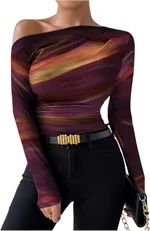 New Fashion Tie-dye Printed Asymmetric Ruffled Long-sleeved T-shirt - Orange Red
