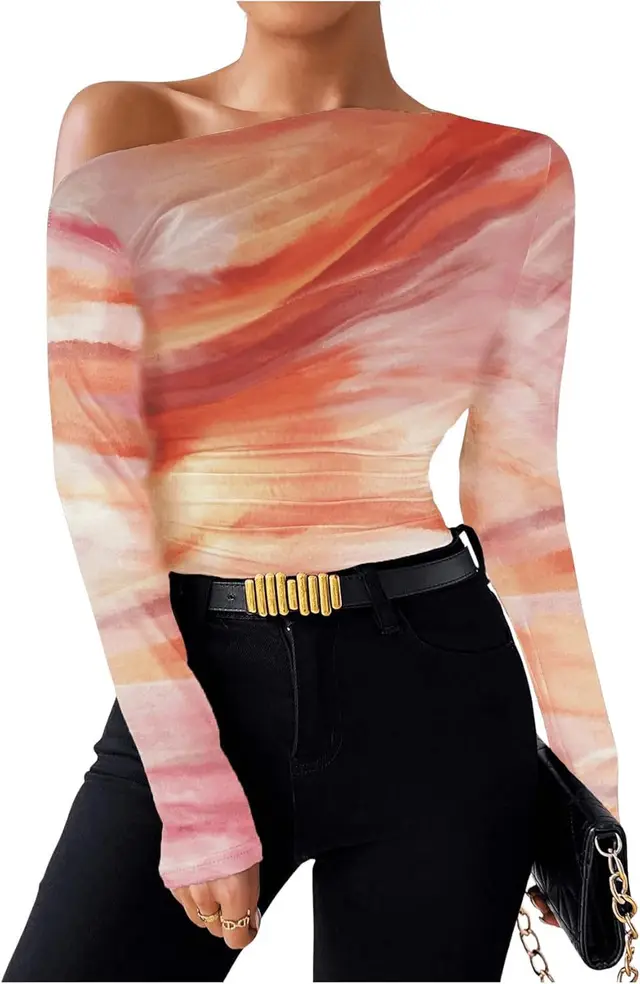 New Fashion Tie dye Printed Asymmetric Ruffled Long sleeved T shirt Pink - Shop at LoveMi
