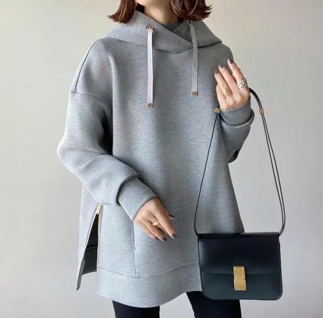 Women's Loose Slimming Hooded Solid Color Side Zipper Sweater Flower Gray - Shop at LoveMi