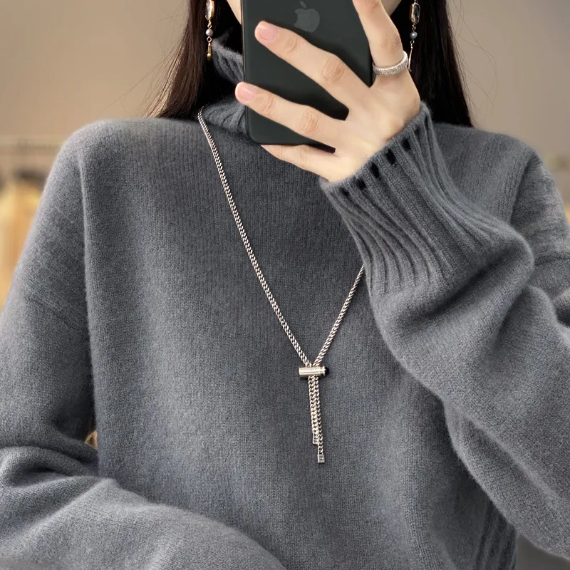 Women's Turtleneck Sweater Solid Color Thread Loose Korean Style Gray - Shop at LoveMi