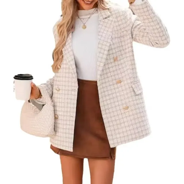 Women's Polyester Tweed Blazer With Fashion Casual Top Pockets Rice Grid - Shop at LoveMi