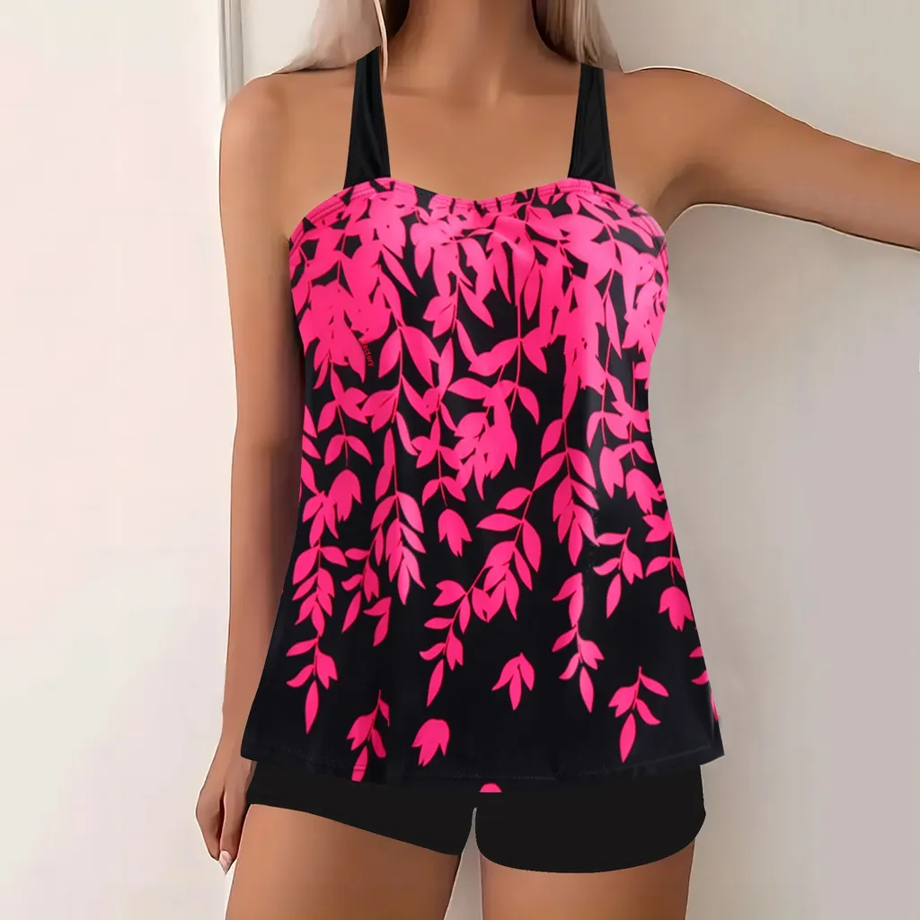 Split Leaf Print Bikini Swimsuit Plus Size - Pink