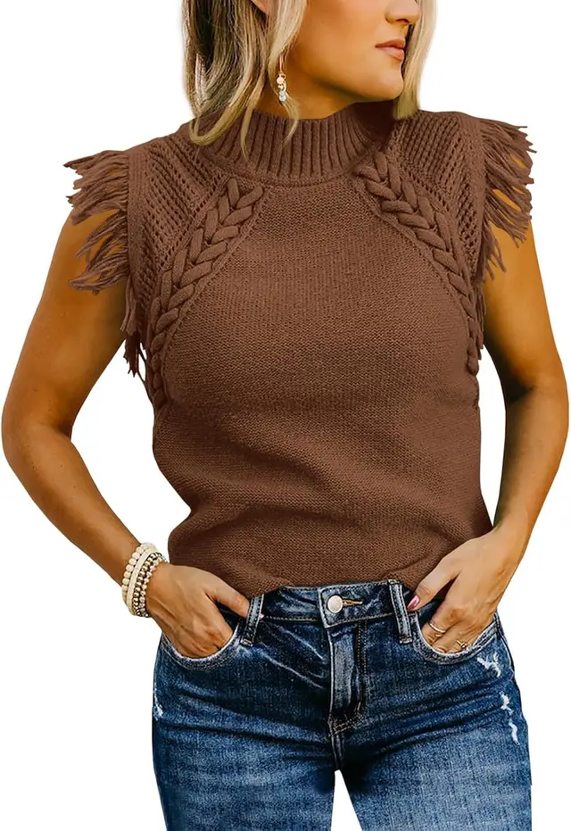 Casual Weaving Sleeveless Sweater Vest Coffee - Shop at LoveMi