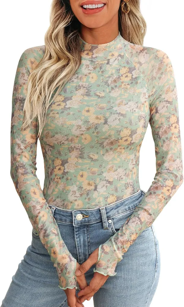 High Collar Long Sleeve Lace Floral Mesh - Light Green Floral