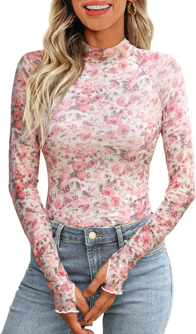 High Collar Long Sleeve Lace Floral Mesh Pink Floral - Shop at LoveMi