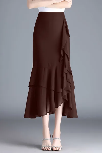 Ruffled Chiffon High Waist Skirt Brown - Shop at LoveMi