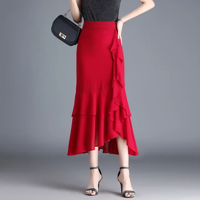 Ruffled Chiffon High Waist Skirt Red - Shop at LoveMi