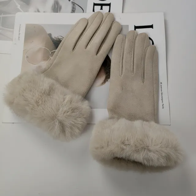 Thermal Touch Screen Fleece lined Thick Suede Gloves Beige Apricot - Shop at LoveMi