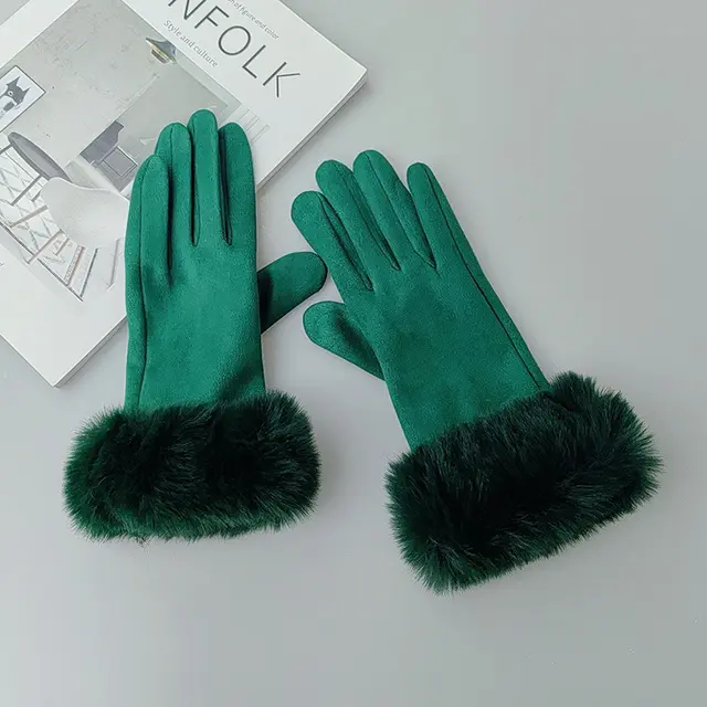 Thermal Touch Screen Fleece lined Thick Suede Gloves Dark Green - Shop at LoveMi