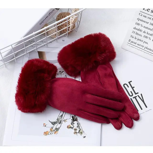 Thermal Touch Screen Fleece lined Thick Suede Gloves Wine Red - Shop at LoveMi