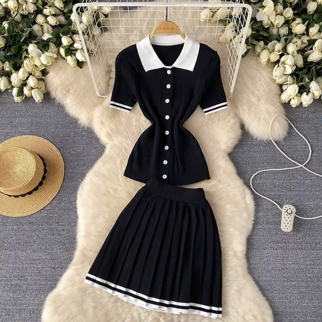 Short Sleeve Shirt Top High Waist Slimming Pleated Skirt Two piece Set Black - Shop at LoveMi