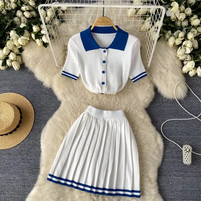 Short Sleeve Shirt Top High Waist Slimming Pleated Skirt Two piece Set White - Shop at LoveMi