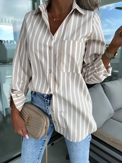 Spring And Autumn European And American Ladies Shirt Long Sleeve Striped Printing Apricot - Shop at LoveMi