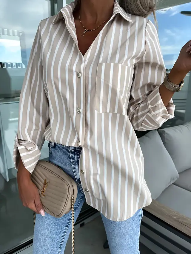 Spring And Autumn European And American Ladies Shirt Long Sleeve Striped Printing Apricot - Shop at LoveMi