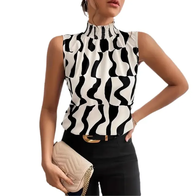 Full body Printed Small Turtleneck Sleeveless Shirt Apricot - Shop at LoveMi
