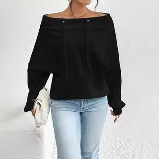 Women's Loose Solid Color Casual Drawstring Off-the-shoulder Off-shoulder Top - Black