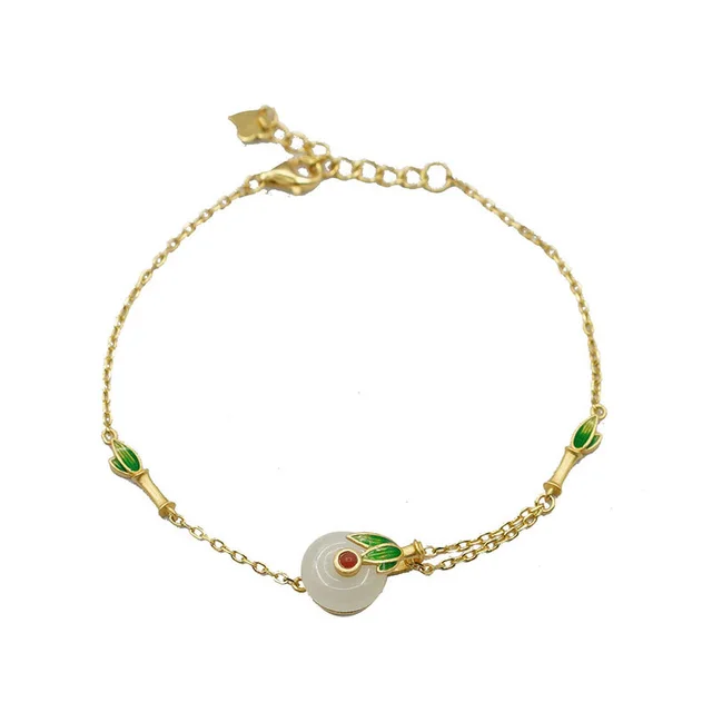 Ancient Gold Inlaid Hetian Jade Peace Buckle Enamel Painted Craft Fairy Retro Style Light Luxury High grade Bracelet Hetian Jade Bracelet - Shop at LoveMi