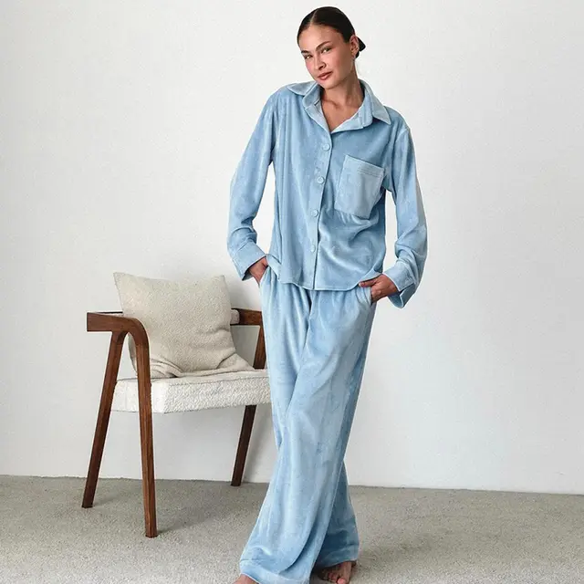 Solid Color Cardigan Long Sleeve Pants Pajamas Loose Comfortable Home Wear Blue - Shop at LoveMi