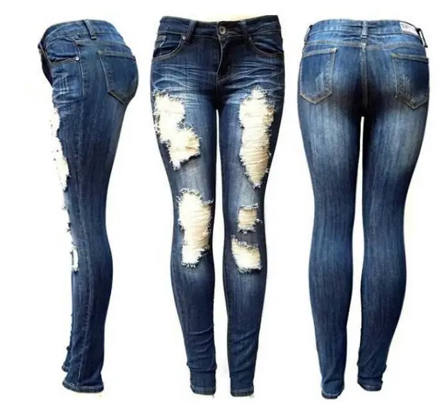 European And American Style Women Ripped Slimming Jeans Dark Blue - Shop at LoveMi