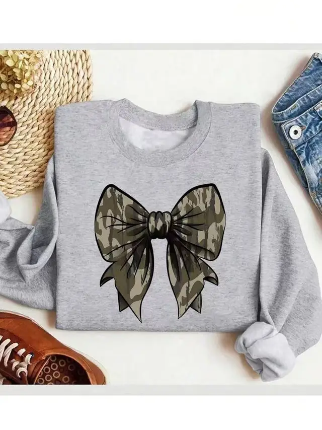 Leopard Print Stud For Autumn And Winter Bow Printed Loose Top Gray - Shop at LoveMi