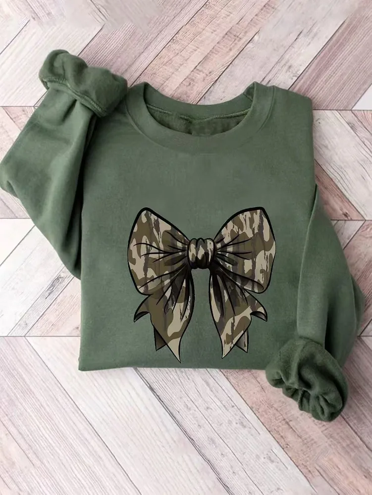 Leopard Print Stud For Autumn And Winter Bow Printed Loose Top Light Green - Shop at LoveMi