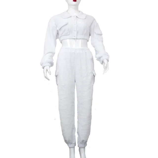 Plush Long sleeved Trousers Tooling Style Casual Two piece Set With Pockets White - Shop at LoveMi