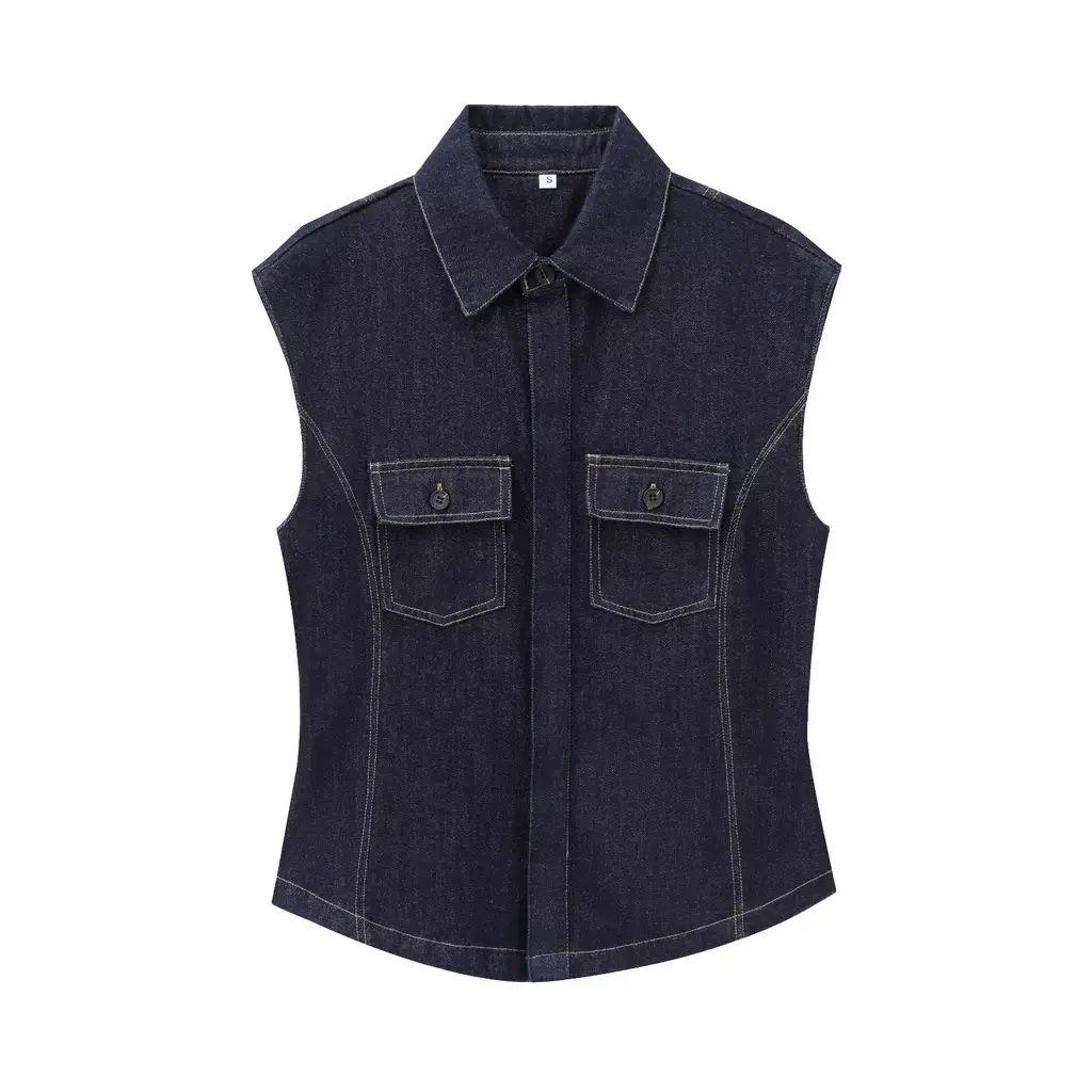 European And American Style Fashion String Decoration Lapel Sleeveless Denim Shirt - Blue