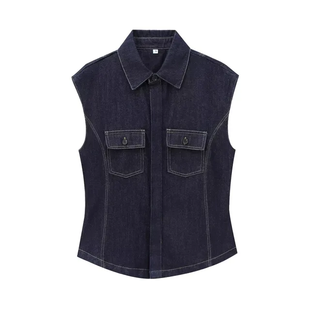 European And American Style Fashion String Decoration Lapel Sleeveless Denim Shirt Blue - Shop at LoveMi