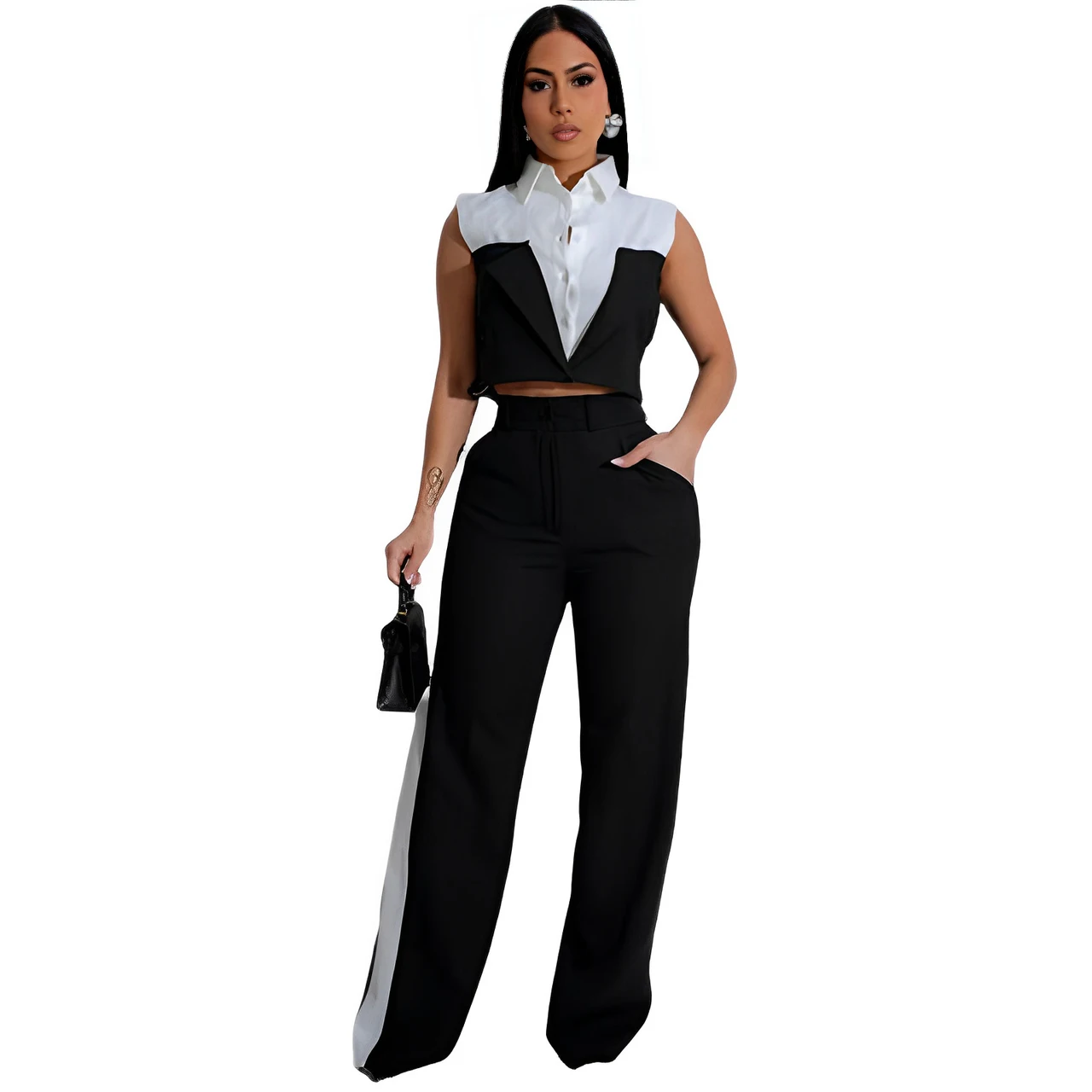 Vest Shirt Stitching Contrast Color Pocket Casual Trousers Two-piece Set - Black