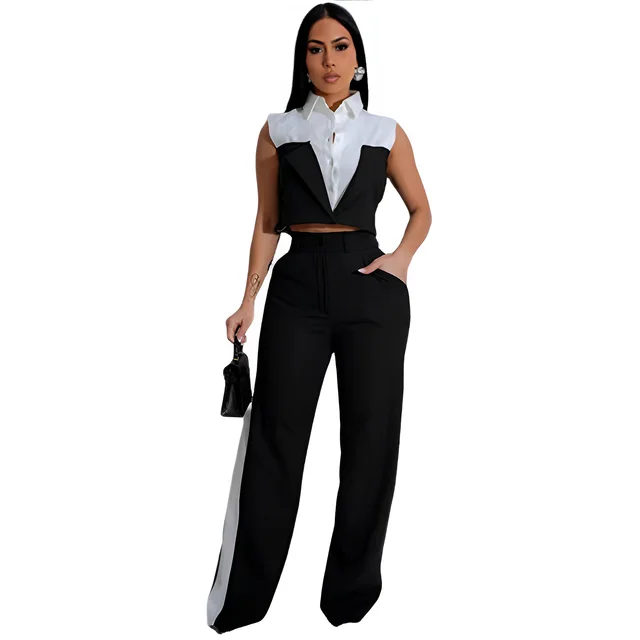 Vest Shirt Stitching Contrast Color Pocket Casual Trousers Two piece Set Black - Shop at LoveMi