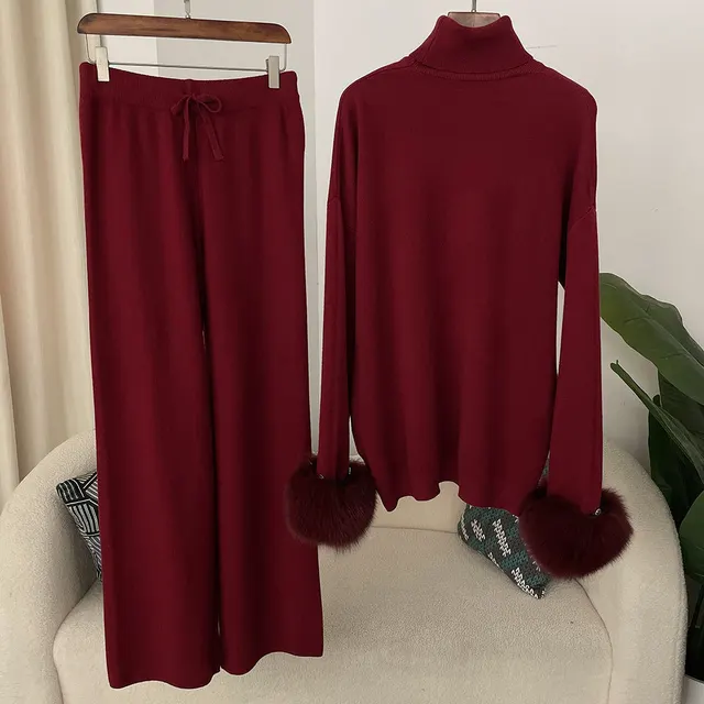 All matching High Neck Loose Sweater Women's Autumn And Winter Knit Two piece Suit Angora Red - Shop at LoveMi