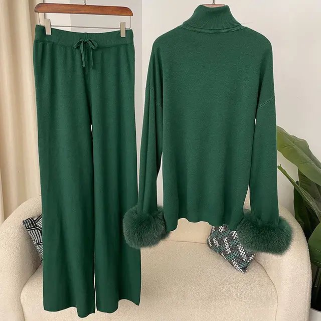 All matching High Neck Loose Sweater Women's Autumn And Winter Knit Two piece Suit Dark Green - Shop at LoveMi
