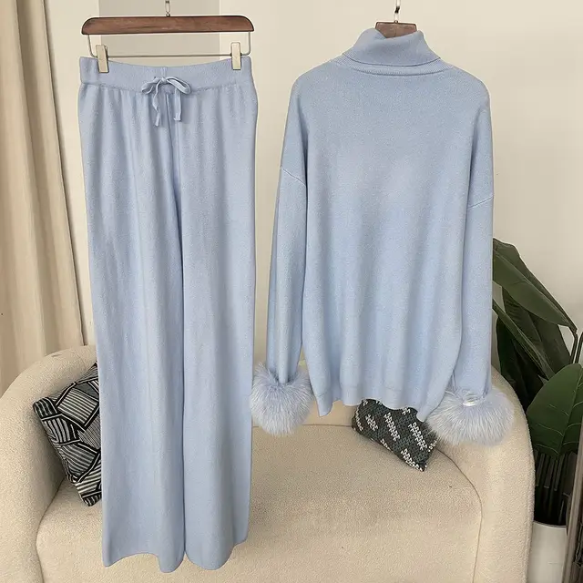 All matching High Neck Loose Sweater Women's Autumn And Winter Knit Two piece Suit Light Blue - Shop at LoveMi