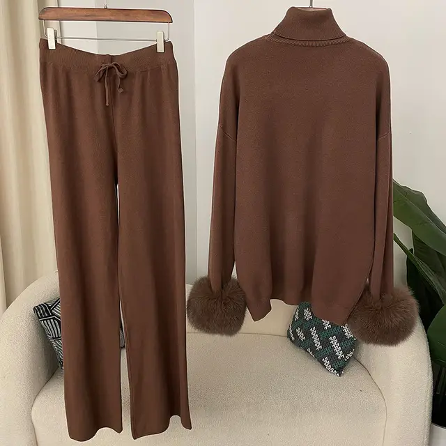 All matching High Neck Loose Sweater Women's Autumn And Winter Knit Two piece Suit Light Brown - Shop at LoveMi