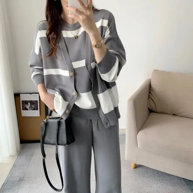 Autumn And Winter Simple Design Striped Knitted Three piece Set Gray - Shop at LoveMi