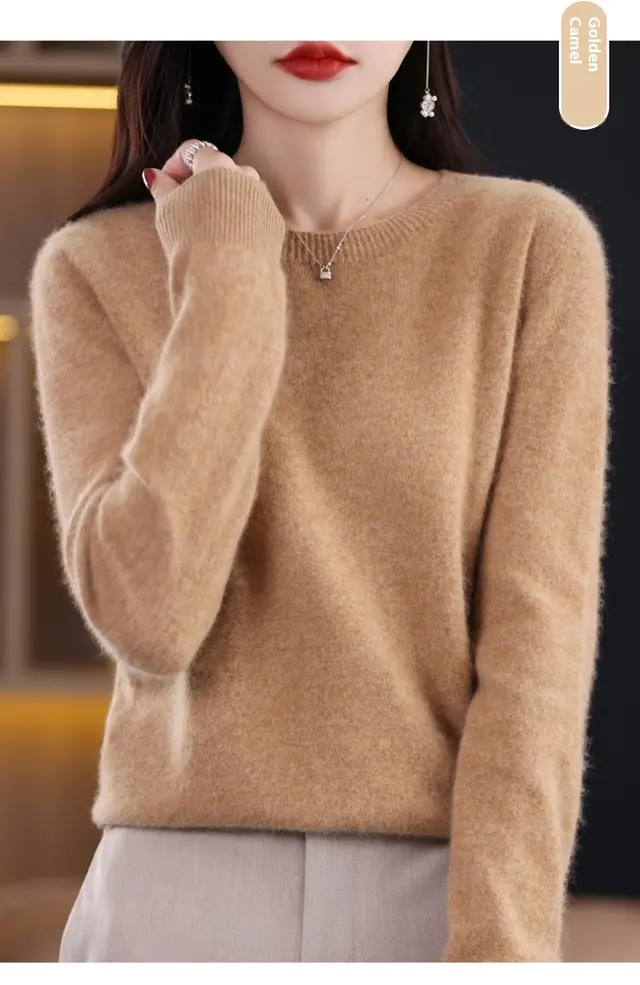 Pure Wool Sweater Crew Neck Pullover Sweater Loose Bottoming Shirt Golden Camel - Shop at LoveMi