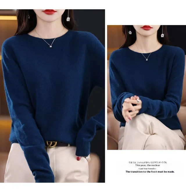 Pure Wool Sweater Crew Neck Pullover Sweater Loose Bottoming Shirt Seaweed Blue - Shop at LoveMi