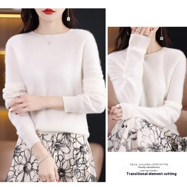 Pure Wool Sweater Crew Neck Pullover Sweater Loose Bottoming Shirt White - Shop at LoveMi