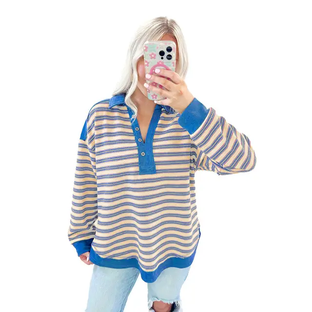 Loose All matching Striped Color Matching Drop shoulder Long sleeve T shirt Blue - Shop at LoveMi