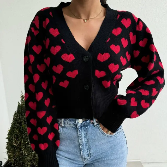 Loose Casual Love Sweater Cardigan Black And Red - Shop at LoveMi
