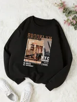 Women's Print Thermal Lined Crew Neck Loose Pullover Long Sl - Black