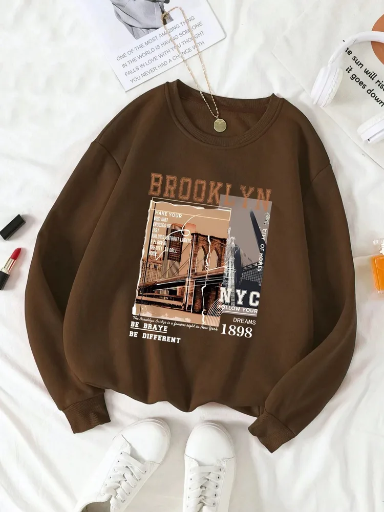 Women's Print Thermal Lined Crew Neck Loose Pullover Long Sl Brown - Shop at LoveMi