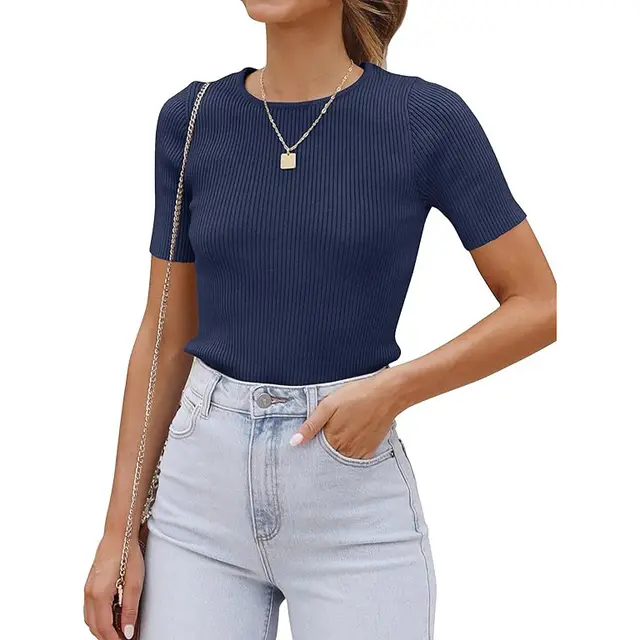 Top Autumn Short Sleeve Slim Round Neck Rib Milk Silk T shirt For Women Navy Blue - Shop at LoveMi