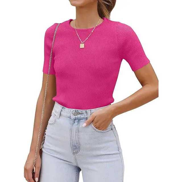 Top Autumn Short Sleeve Slim Round Neck Rib Milk Silk T shirt For Women Rose Red - Shop at LoveMi